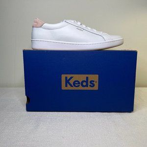 Keds Ace Leather Sneaker White, with a hit of blush color at the heel